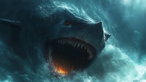 Gigantic predatory sea creature with open fiery maw.