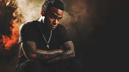 Low-key portrait isolates a tattooed subject in dramatic smoke