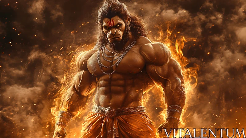Mythic simian warrior in pyroclastic digital chiaroscuro.