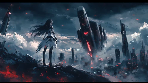 Futuristic heroine facing colossal warship above ruined city.