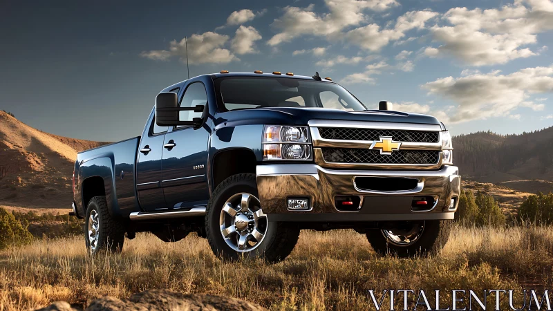 Full-size Chevrolet pickup with chrome accents in rugged terrain