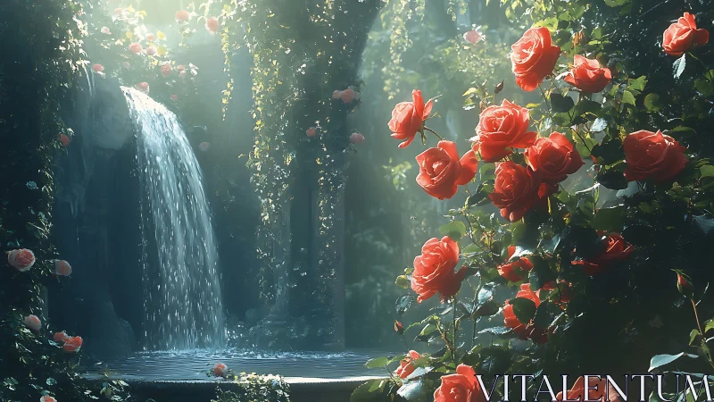 Waterfall Garden with Red Roses in Sunlight.