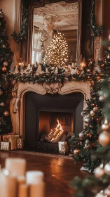 Gilded Christmas hearth glowing beneath a mirrored fairy tree.