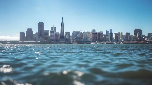 San Francisco downtown skyline viewed across bay water surface.