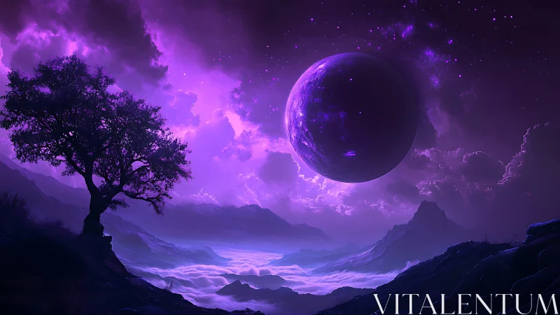 Violet alien moonrise above fog valley under starfield sky.