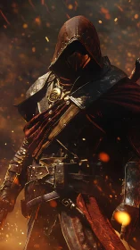 Hooded armored warrior framed by ember-lit volumetric particles