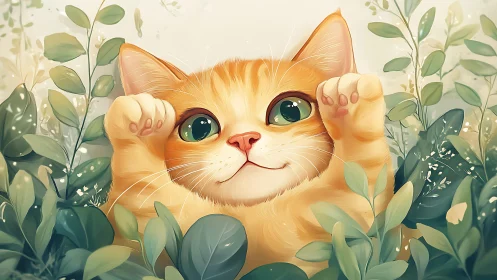 Orange Tabby Cat with Paws Raised Among Botanical Foliage Elements