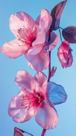 Pink blossoms demonstrate translucent petal structure with dramatic backlighting against clear sky.