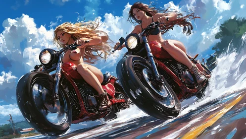 Two women on red motorcycles racing through wet road.
