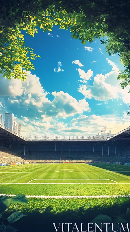Sunlit soccer stadium under clear sky and foliage frame.
