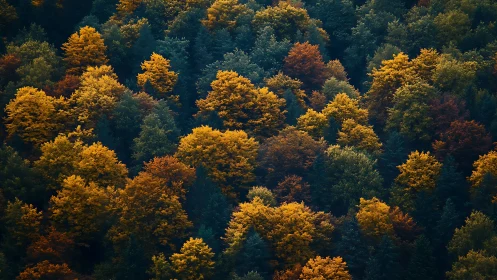 Dense autumn forest canopy glows with saturated color contrast.