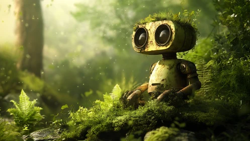 Curious little forest robot resting in a glowing green world.