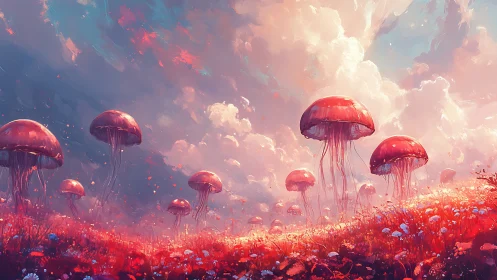Skyward jellyfish drift over a blooming crimson dreamfield