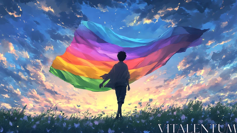 Silhouette child with rainbow flag in vivid sunset field.
