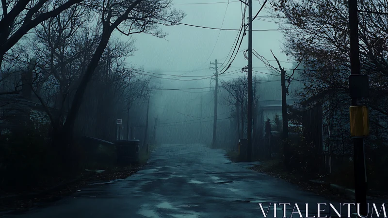 Rain-soaked foggy street with bare trees and power lines.