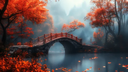 Arched stone bridge over misty lake in vivid autumn foliage