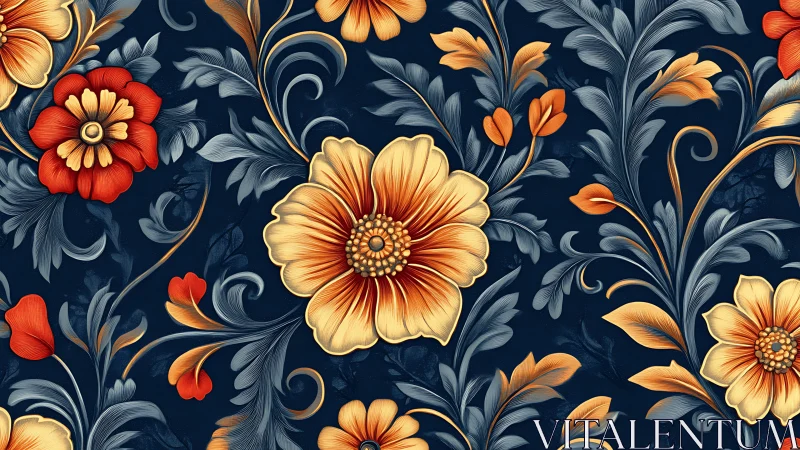 Ornate yellow and red floral pattern fills deep navy background