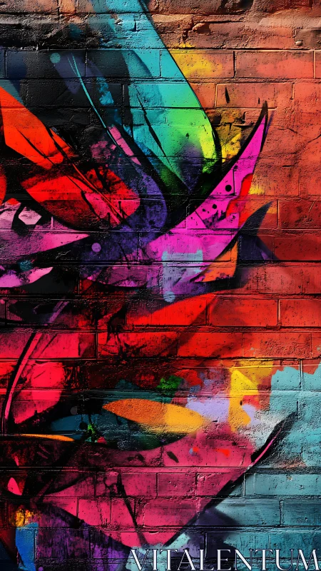 Chromatic graffiti arcs on distressed urban brick wall.