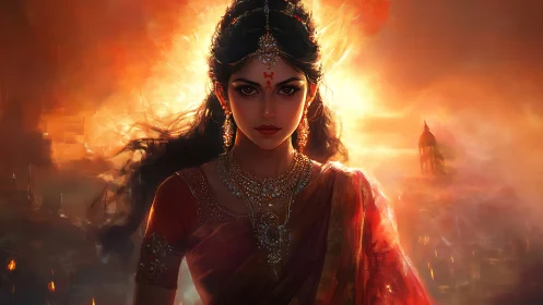 Divine warrior goddess emerges from blazing sunset fire