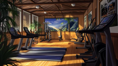 Sunlit tropical gym sanctuary framed by mountain views.