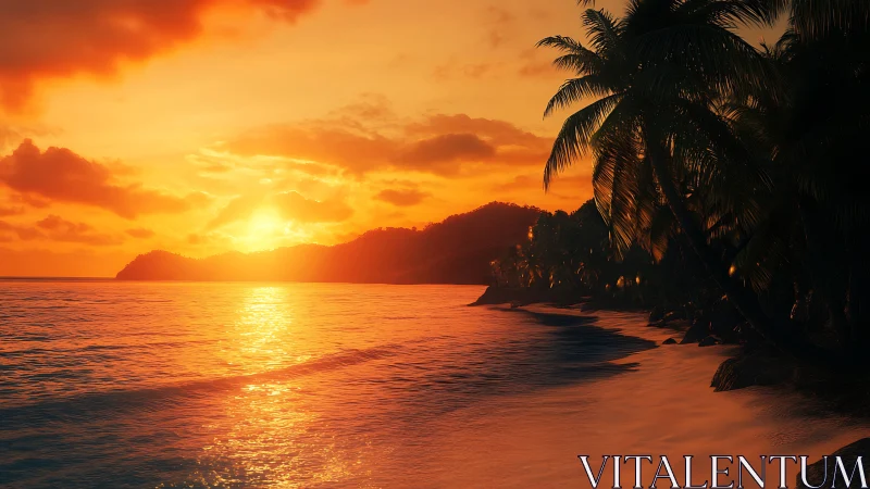 Tropical shoreline at sunset rendered in warm cinematic light