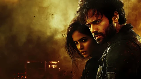 Storm-lit renegade couple stares down the burning horizon.