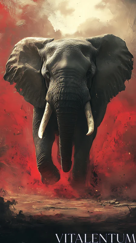 Elephant charges forward through dense red dust clouds