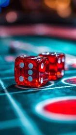 Translucent red dice on casino table surface in focus.