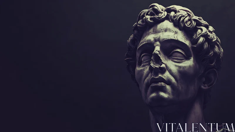 Damaged classical male bust sculpture on dark backdrop.