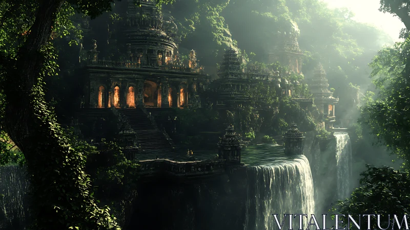 Tiered jungle temple complex above cascading waterfalls at dawn