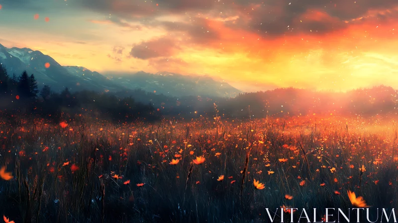 Fiery sunset ignites wildflower field beneath distant mountains.