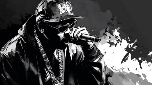 Monochrome hip hop vocalist in cap holding microphone onstage.