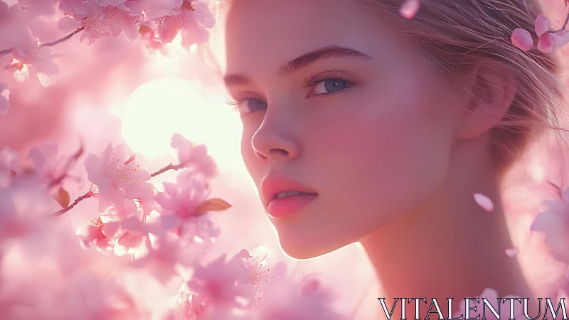 Soft pink portrait of young woman among cherry blossoms.