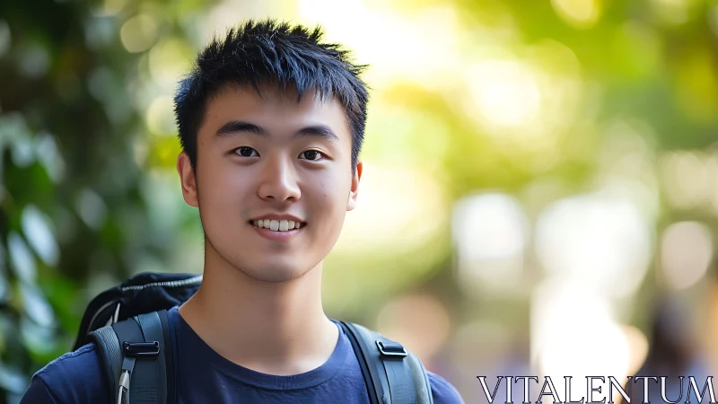 Smiling student portrait with backpack in sunlit bokeh environment.
