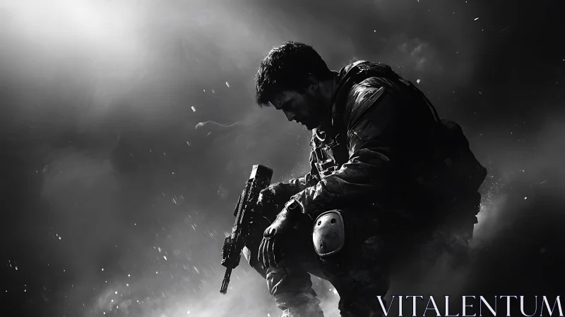 War-torn soldier kneels in smoke filled battlefield silence.