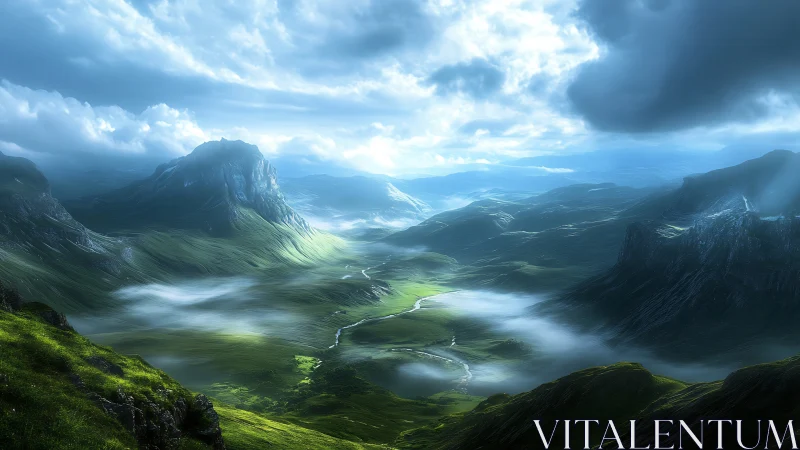High valley landscape with winding river under dense clouds.