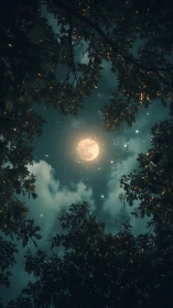 Full moon framed by backlit forest canopy and starfield sky