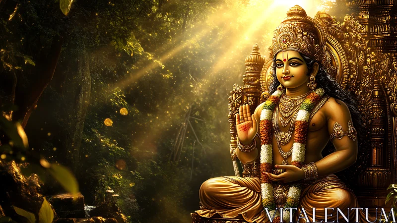 Luminous forest deity with ornate gold throne and volumetric rays.