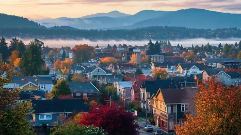 Autumn hillside neighborhood under layered mountain fog at dawn.