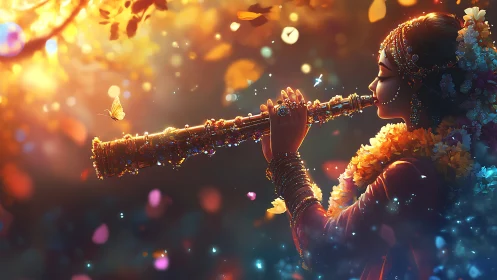 Woman playing ornate flute amid floating petals and light.