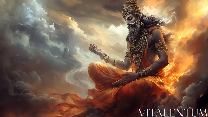 Celestial sage in fiery clouds finding quiet balance.