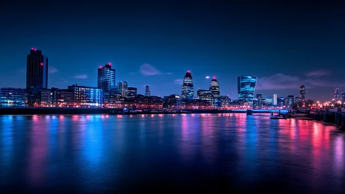 Neon-lit London riverside skyline in long exposure reflection.