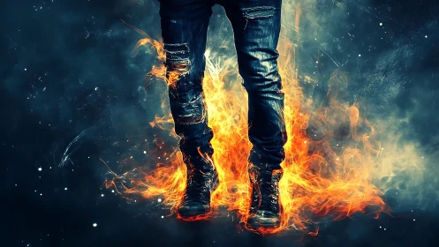 Boots and lower legs engulfed in dynamic fire and light particles