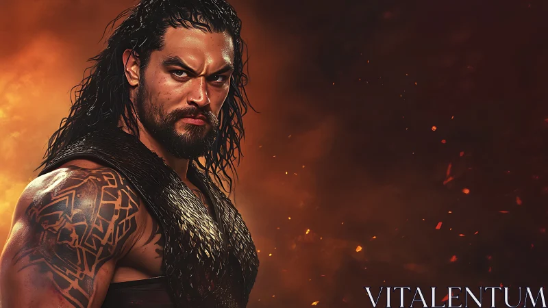 Muscular warrior figure stands before fiery blurred background