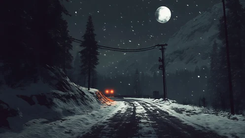 Snowbound mountain road under moonlit snowfall at night.