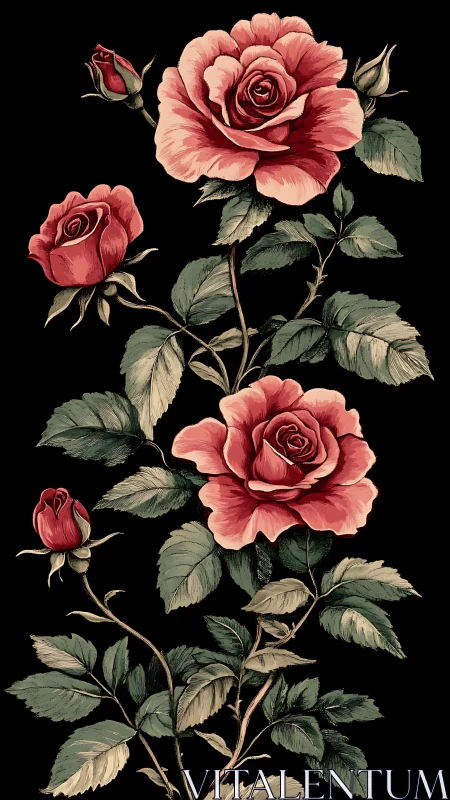 Pink roses in various bloom stages depicted in botanical illustration