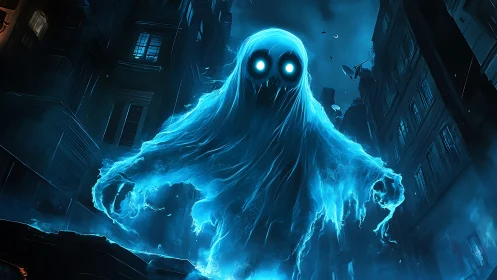 Glowing spectral figure in narrow urban alleyway at night.