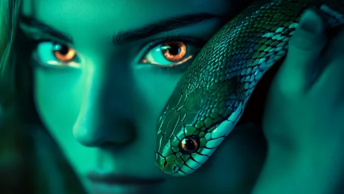 Bioluminescent teal portrait of woman with emerald serpent