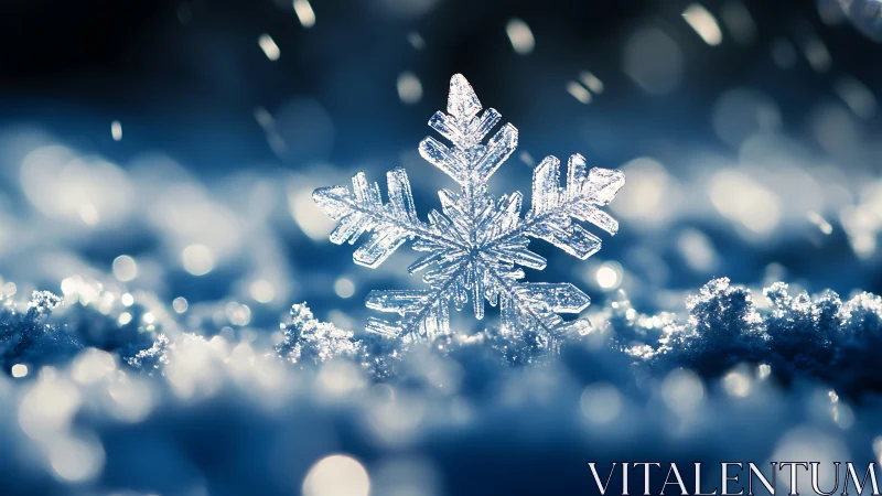 Macro examination of hexagonal snowflake with bokeh field.