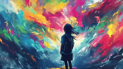 Girl with backpack facing vivid swirling abstract sky.